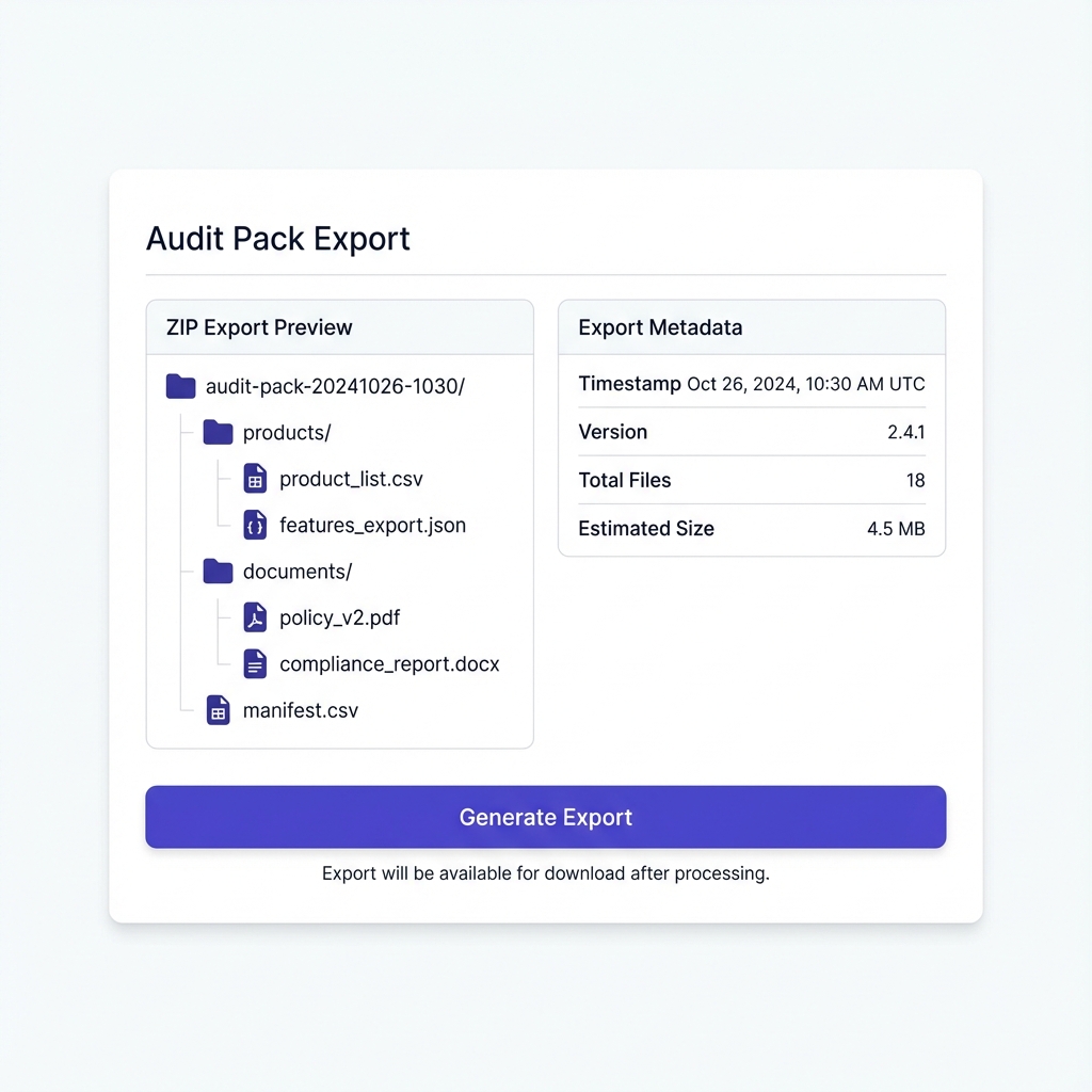 Audit Pack Export with ZIP structure and manifest