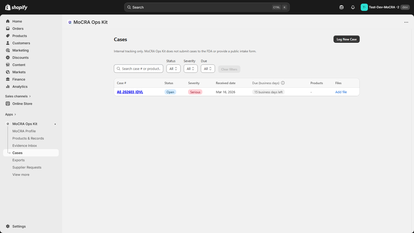 Cases screen showing a development-store serious case and its operational business-day due-date status