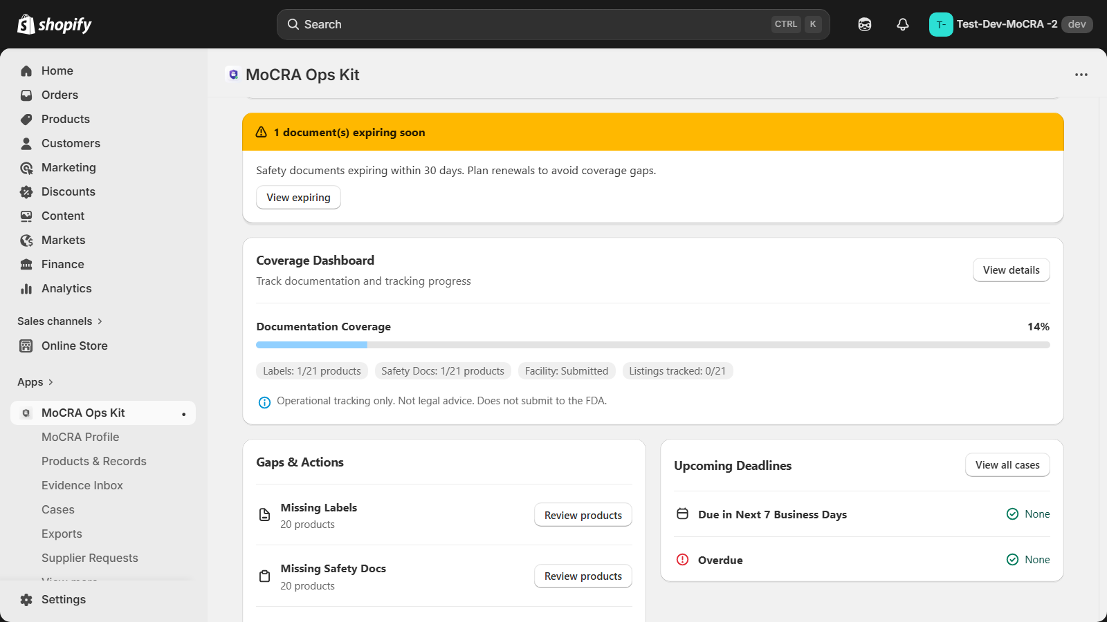 Coverage Dashboard showing documentation coverage, gaps, and upcoming deadlines in a development store