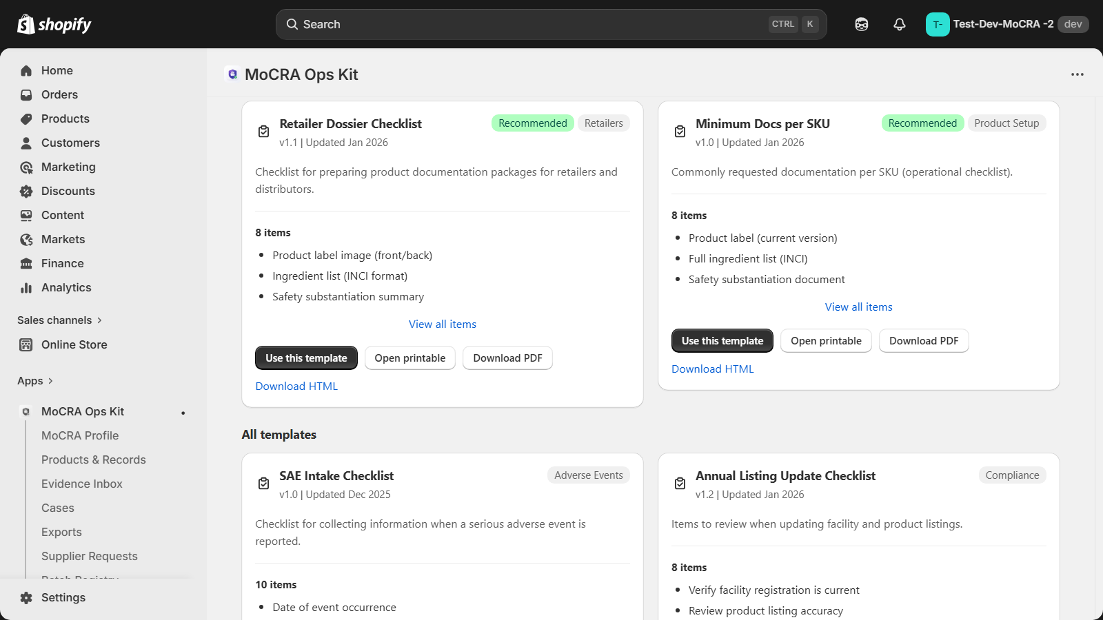 Templates screen showing operational checklists for retailer dossiers, product records, adverse events, and listing updates